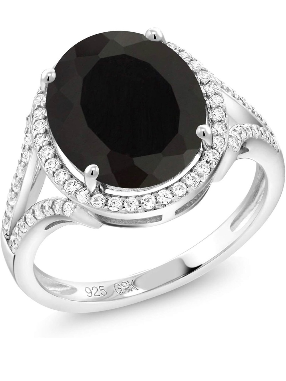 Elegant Black Oval Gemstone Halo Ring - 925 Sterling Silver size 7